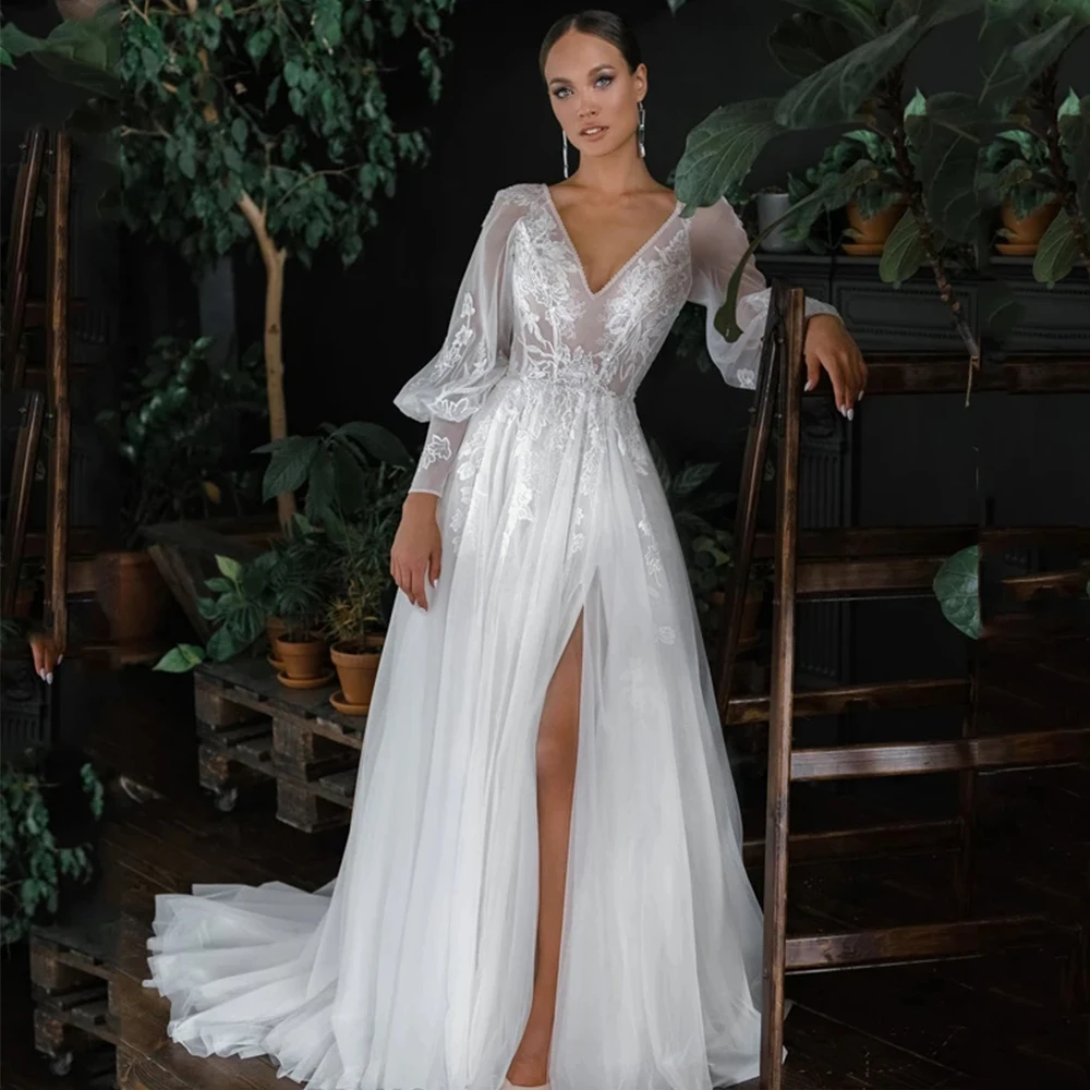 

Fluffy Long Sleeves Deep V-neck Beautiful Elegant Lace High Fork Wedding Illusion Bodice Out Slim Sexy Backless Bridal Gowns
