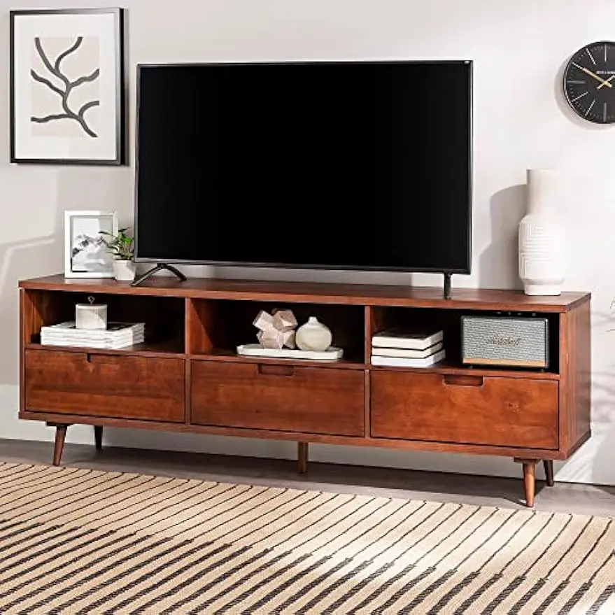 

Walker Edison Millie Mid Century Modern 3 Drawer Solid Wood Low Stand for TVs up to 80 Inches, 70 Inch, Walnut