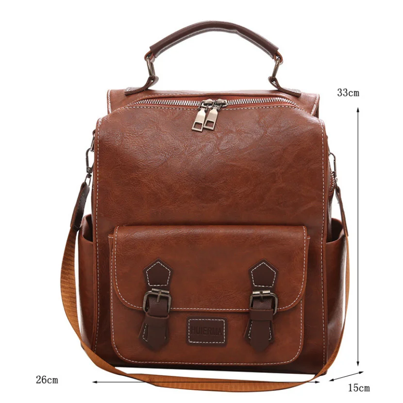 2023Trendy Women's Backpack Vintage Pu Leather Daypack Brown Female Casual And Travel Bag Retro Student School Bags For Women