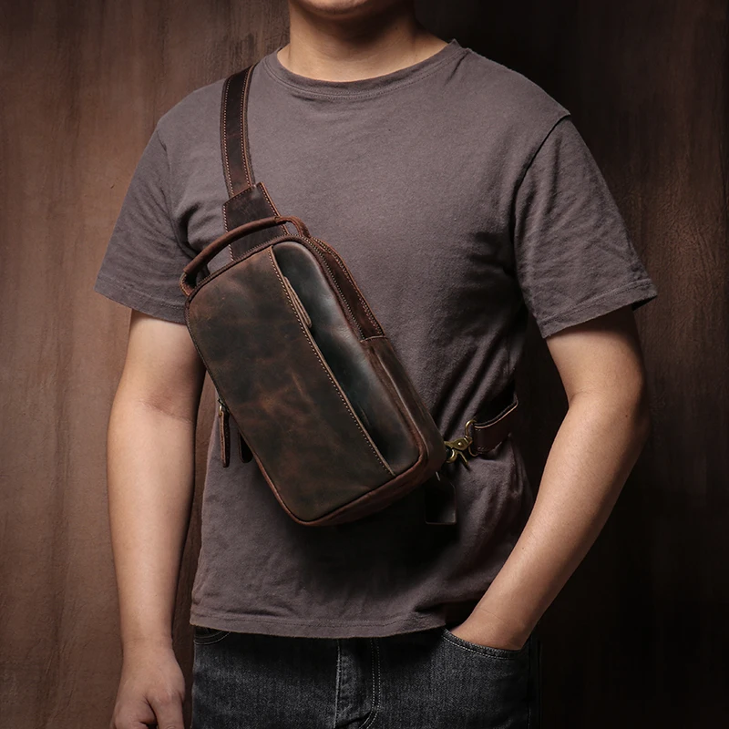 Newsirds-男性用ビッグチェストバッグ、本物の牛革バッグ、クレイジーホースレザー、スリングバッグ、男性用チェストパック、高品質 LUOKIR 本革チェストバッグ男性用ヴィンテージショルダー