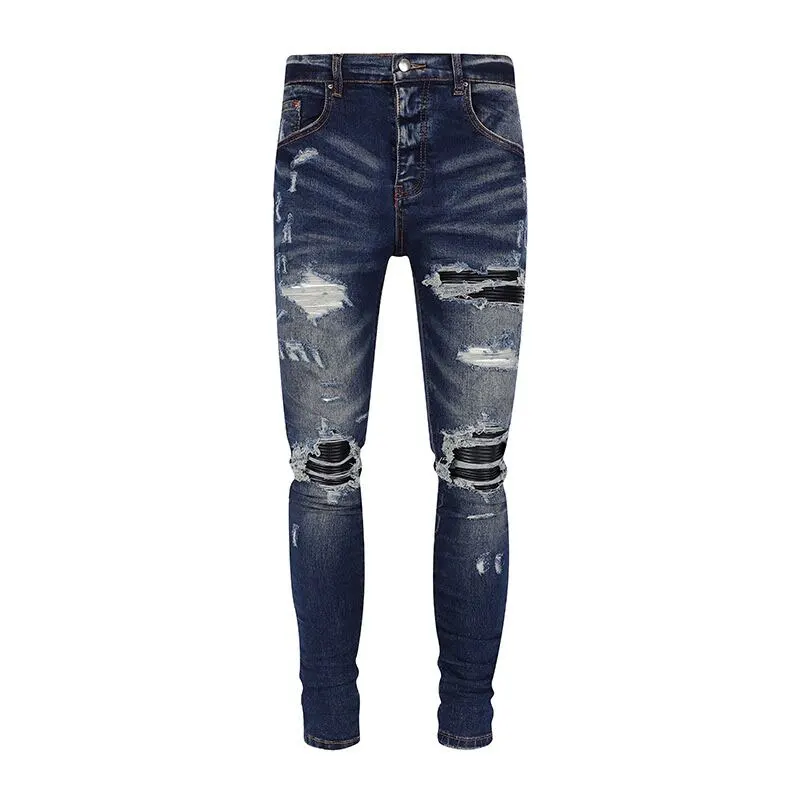 

Street Fashion Men Jeans Retro Dark Blue Stretch Skinny Fit Ripped Jeans Men Leather Patched Brand Designer Hip Hop Denim Pants