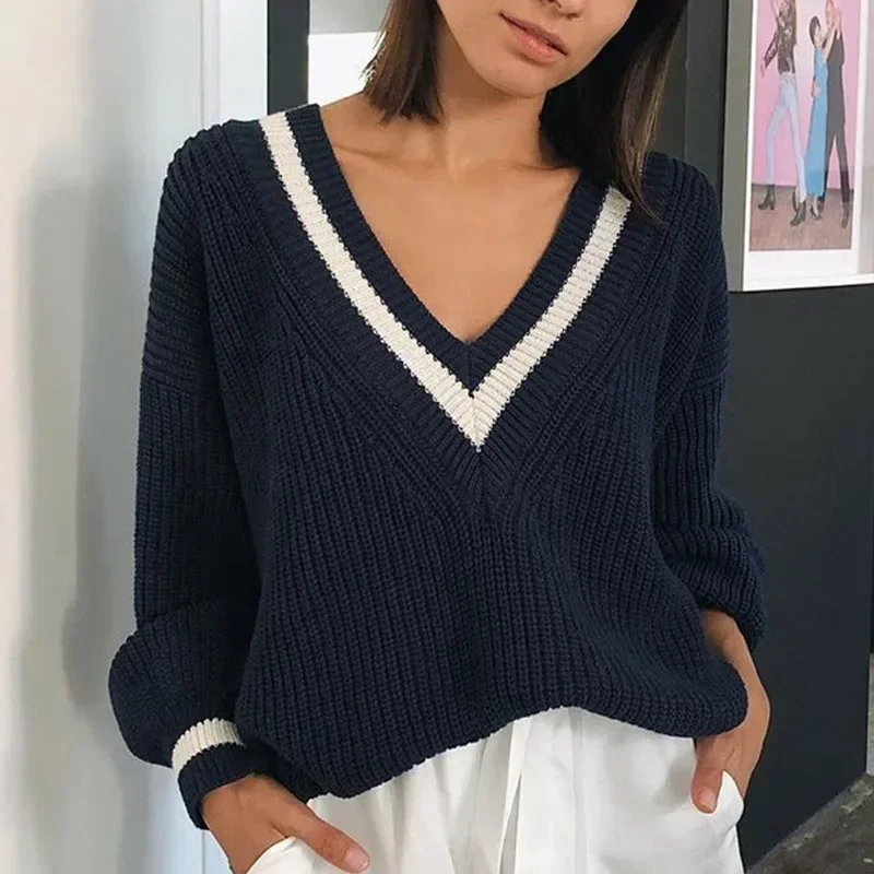 

Casual Contrast Loose Long Sleeve Women Sweater New Fashion Autumn Winter Pullover Knitted V-neck Thickening Lady Tops 28961