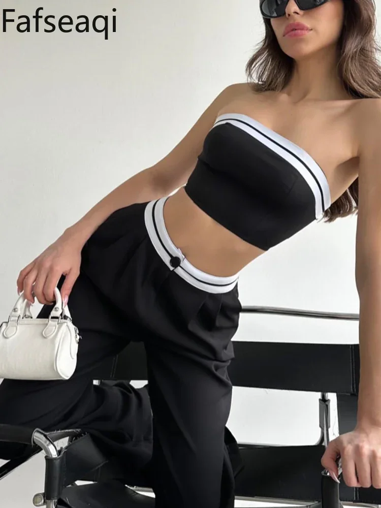 

Black Women's Tracksuit with Boob Tube Top Slash Neck Contrast Color Wide Leg Trousers Suit for Women Sexy Two Piece Set Outfit