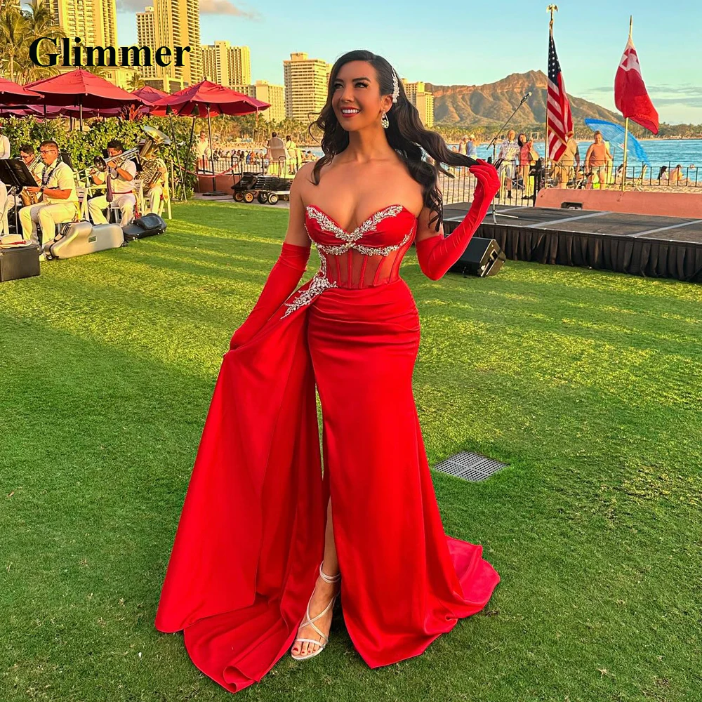 Prom Dresses Prom Dress Glimmer Modern Strapless Graduation Dresses for Women High Slit V-neck Rhinestones Pleat Chapel Train Vestido De Fiesta Tailored