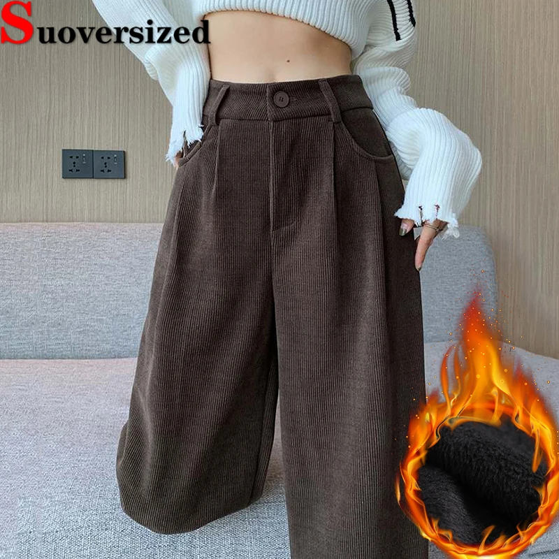 High Waist Warm Wide Leg Pants Winter Baggy Casual Pantalones
