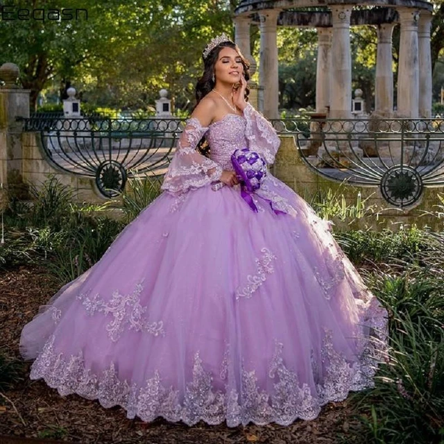 Champagne Cheap Quinceanera Dresses Ball Gown Sweetheart Long Sleeves Tulle  Appliques Puffy Sweet 16 Dresses - AliExpress