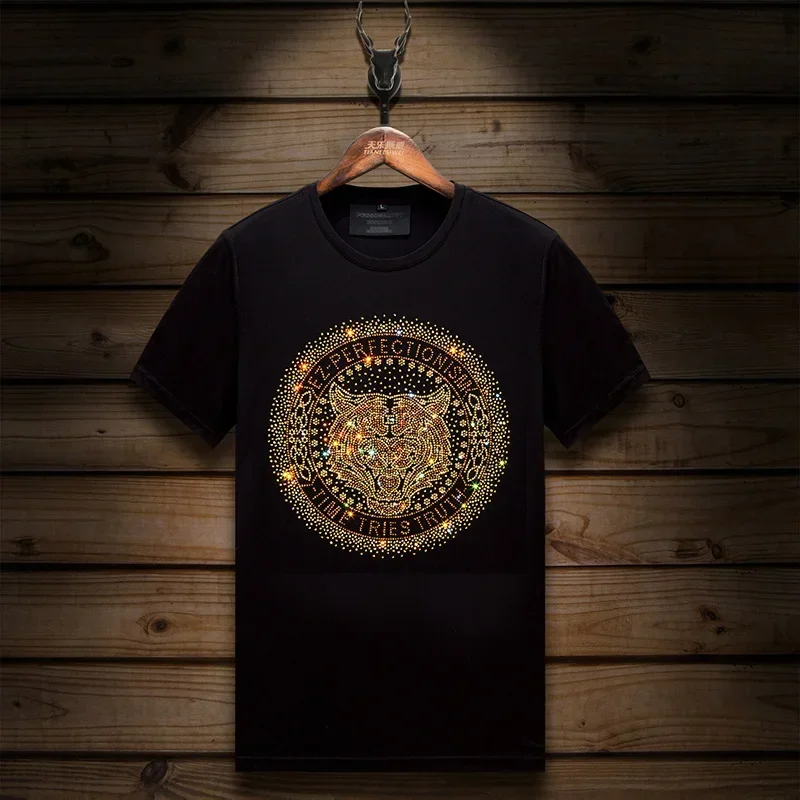 

High Quality Cartoon Rhinestones T Shirt Men Fashion Clothing O Neck Short Sleeve Slim Summer Thin Casual T-shirts Plus Size 6XL
