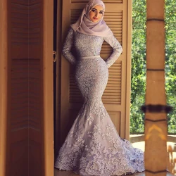 2018 Lace Muslim Mermaid Long Sleeve Zipper Back Appliques Pattern Hijab Personalized evening gown mother of the bride dresses