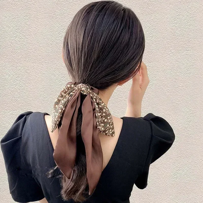 2025 New Korean Floral Bowknot Hair Ties for Women Girls Sweet Elastic Long Ponytail Scarf Hair Tie Hair Accessories