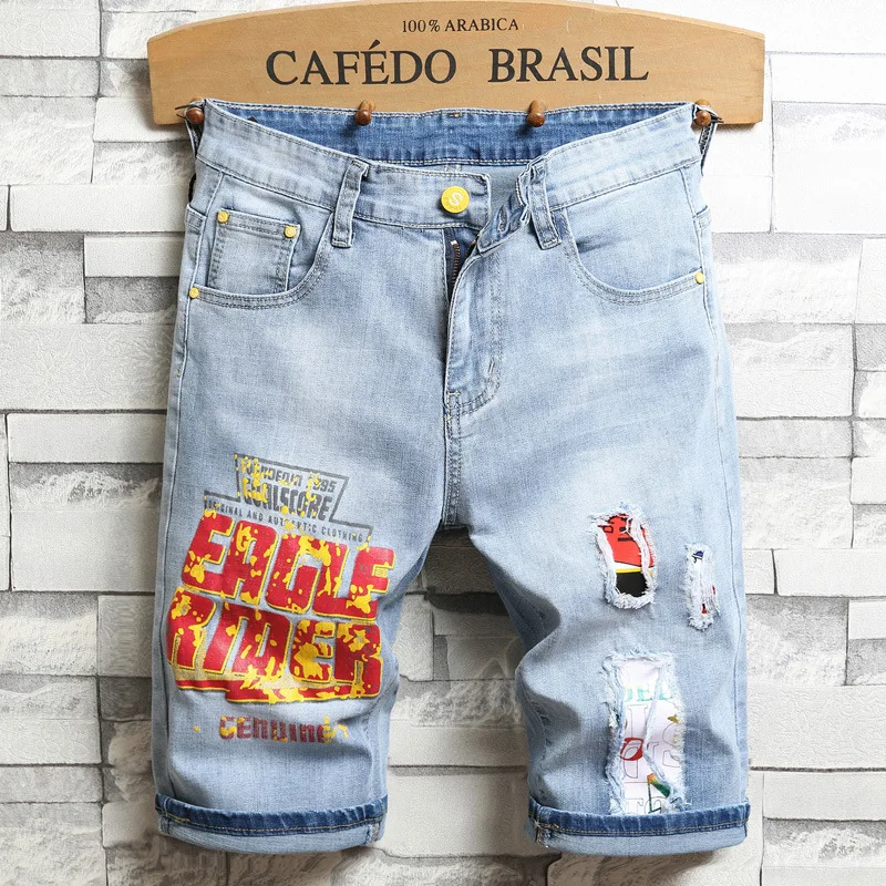 Men's Embroidered Denim Shorts Summer Thin Section Ripped Five-point Pants Stretch Trend Fashion Men's Clothing Denim Short