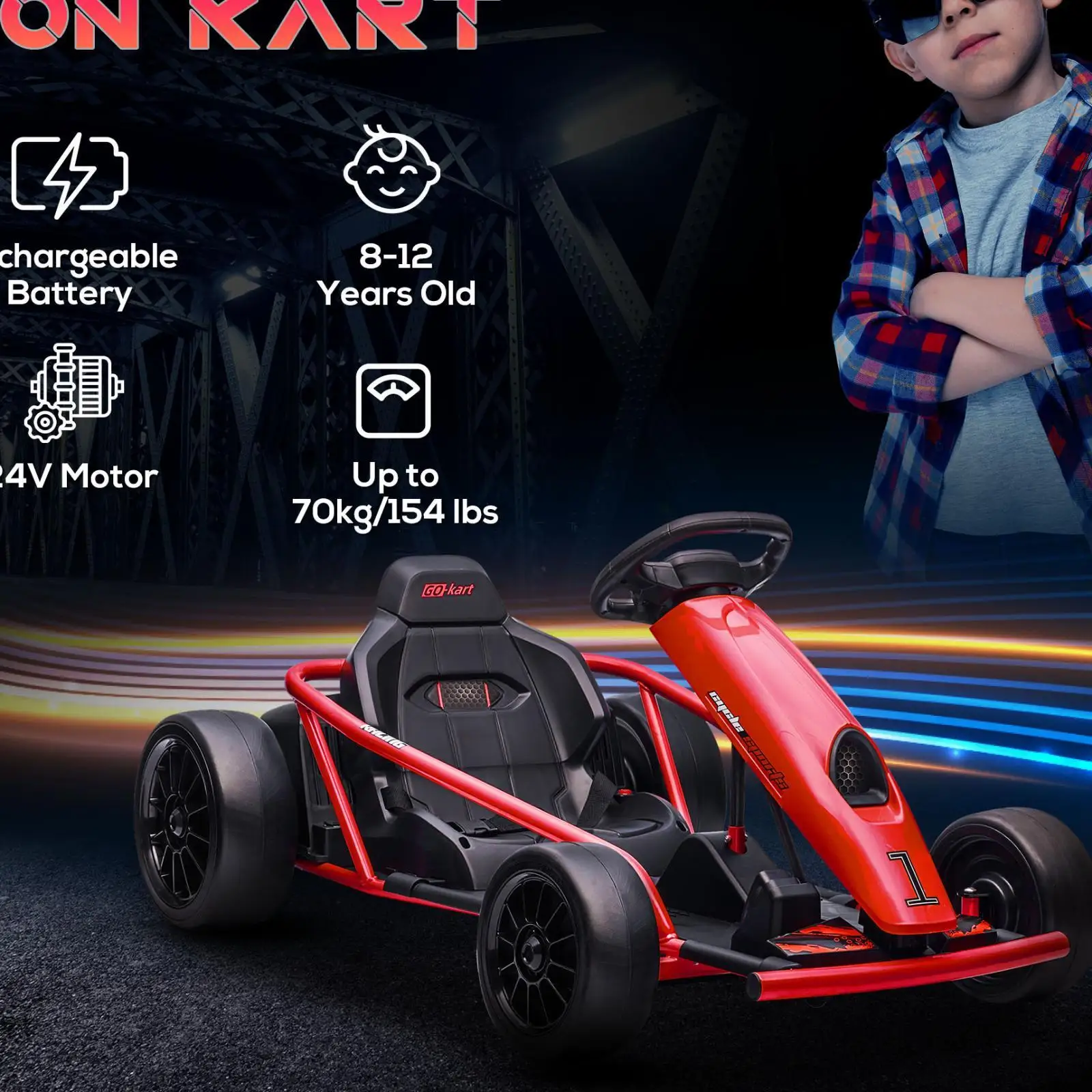 Kids Electric Ride-on Go Kart 24V Battery Powered Drifting Car Toys with Safety Features for Outdoor Fun Ages 8 to 12