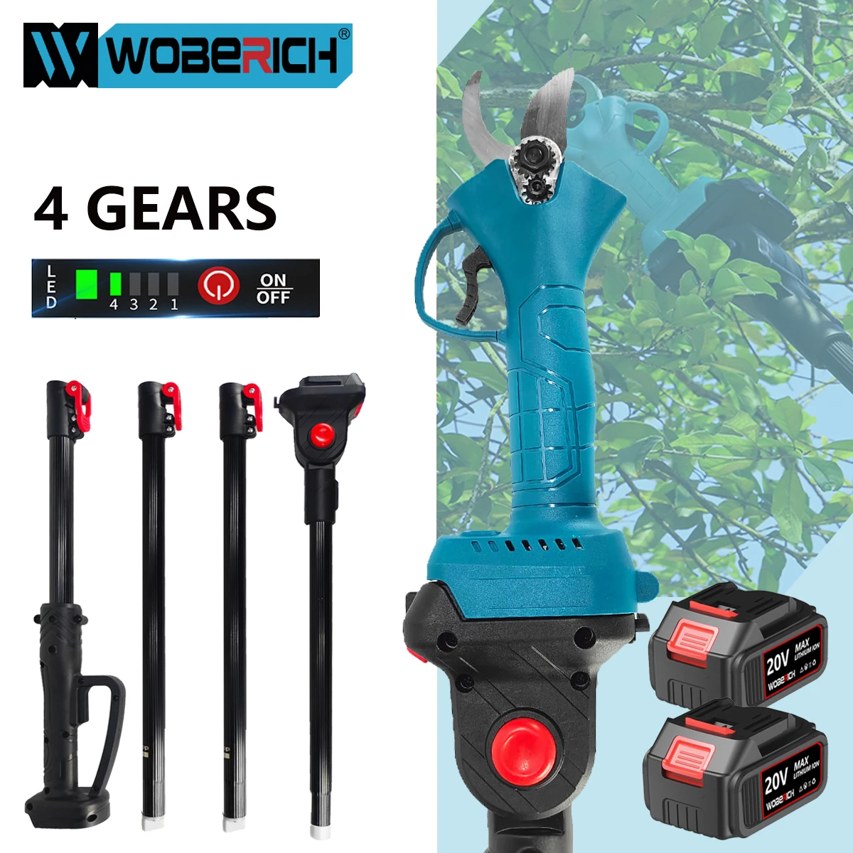WOBERICH 2.3M Extension Pole Brushless Cordless Electric Scissor Pruner Pruning Shears Efficient Fruit Tree Bonsai Branche Cutter