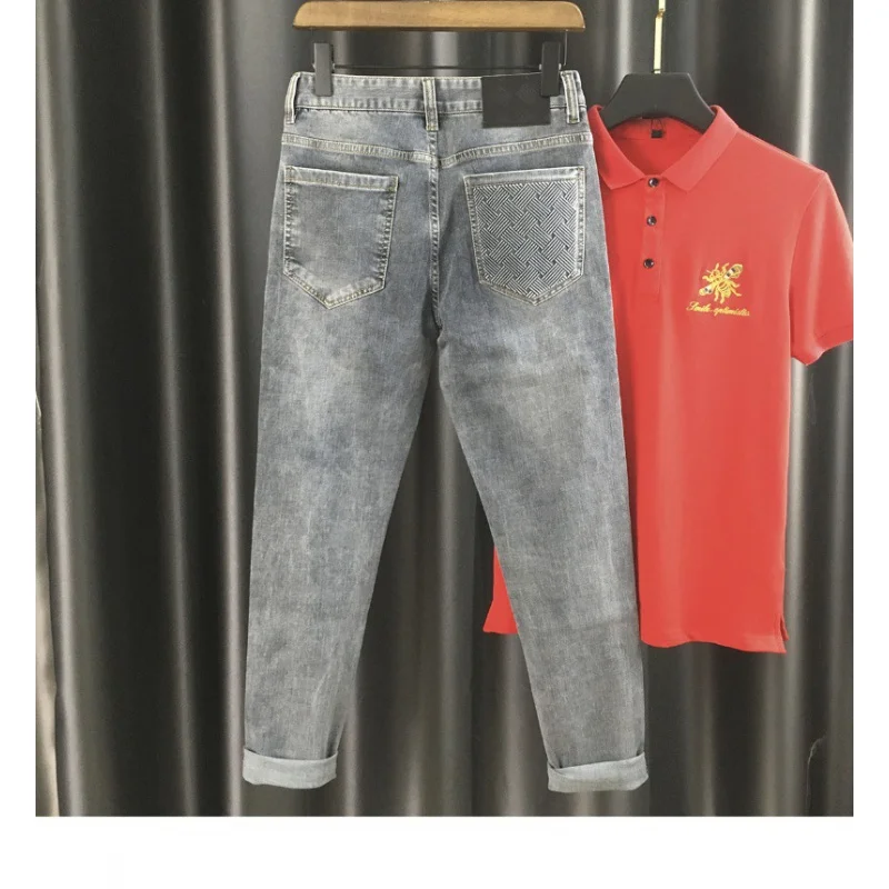 Twill Plaid jeans men's fashion high-end affordable luxury men's slim fit stretch all-matching trendy casual pants