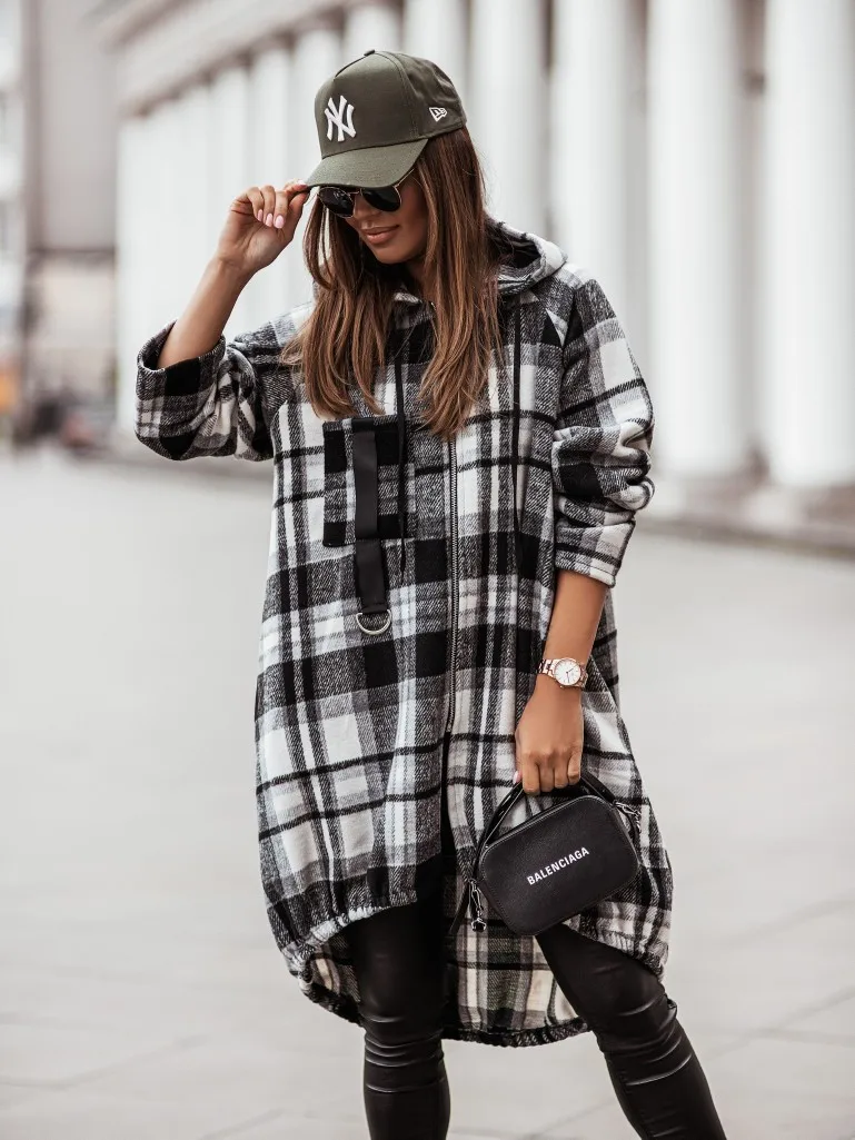 Women's New Sexy Fashion Leisure Commuting Versatile Vacation Style Loose Plaid Print Zipper Hooded Shirt