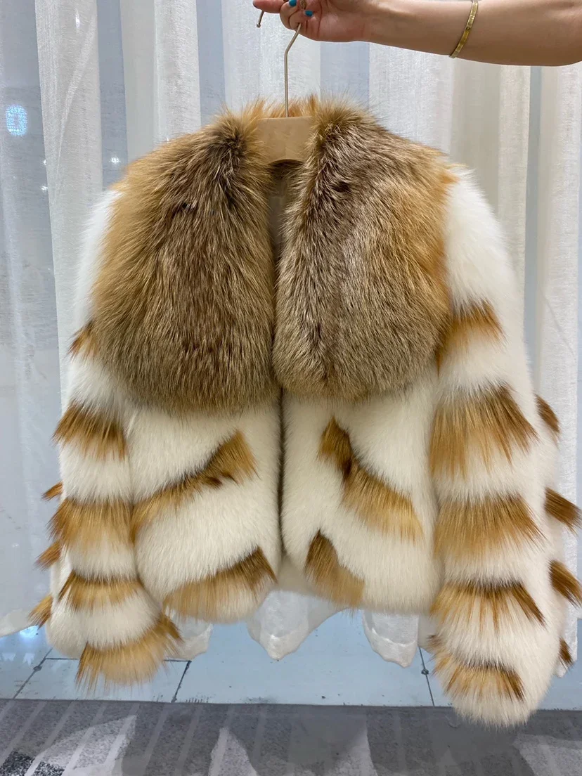 Imported Large Real Fur Collar Fox Hair Coat Short Young Knitted Thick Warm High Street Jackets Autumn/Winter Women's Clothing