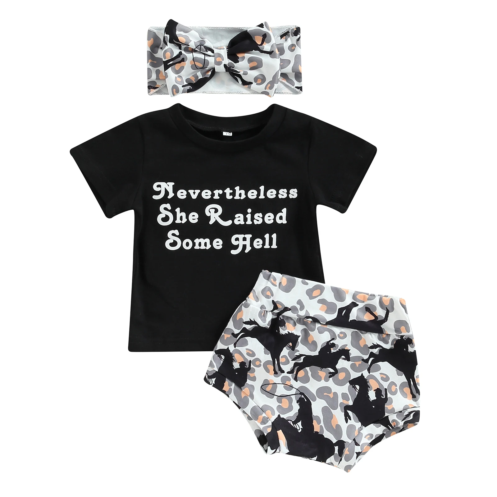 Infant Newborn Baby Girl 3Pcs Western Clothes, Short Sleeve Letter T