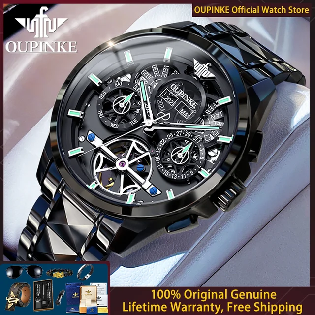 OUPINKE 3233 Men Watch Black Skeleton Flywheel Trendy Men's Fully Automatic Mechanical Watch Multi functional Business Men Watch