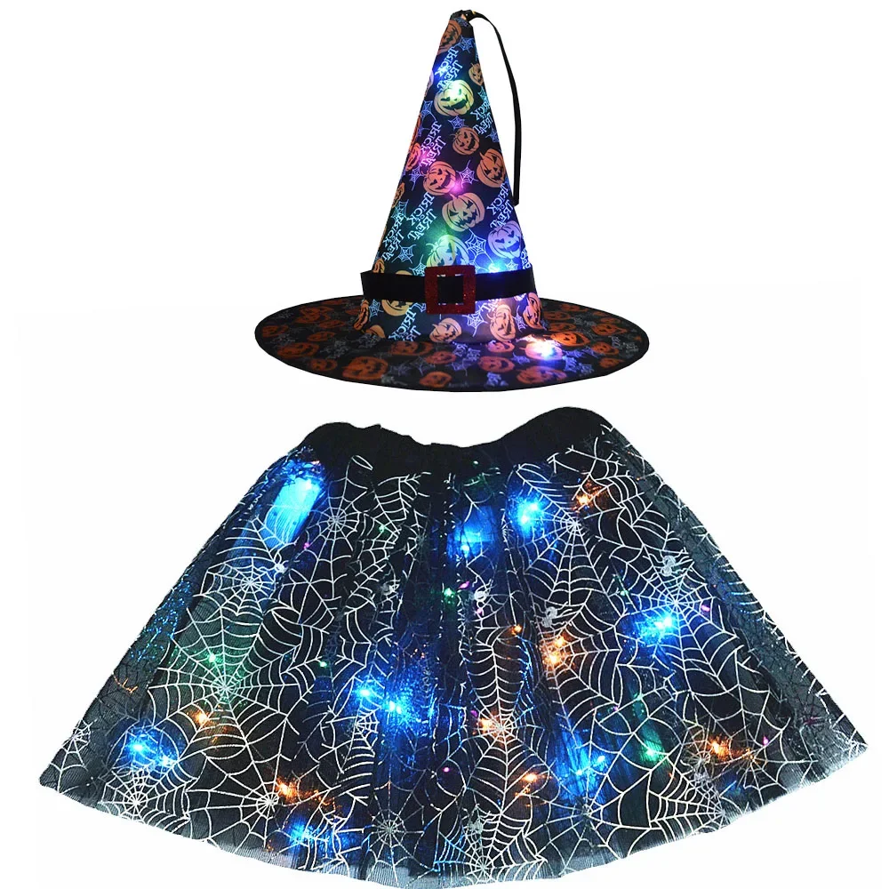 Cosplay Costume Halloween Dress Outfit Women Kids Girl Luminous LED Glow Lights Elf Witch Hat Star Skirt Spider Web Wizard Costume Party Gift Halloween Festival