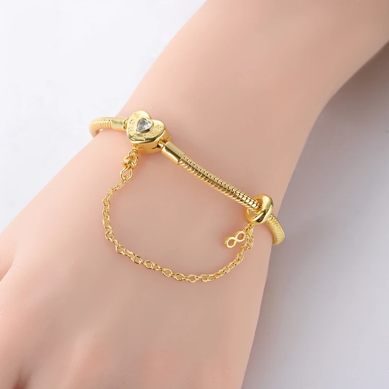 Bracelet 925 Sterling Silver Charm 17-20CM Golden Heart Love Key Snowflake Women Jewelry Gift