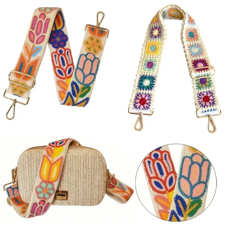 1PC Fashion Adjustable Crochet Flower Shoulder Strap For Handbags DIY Knitted Bag Accessories Ethnic Embroidery Purse Strap