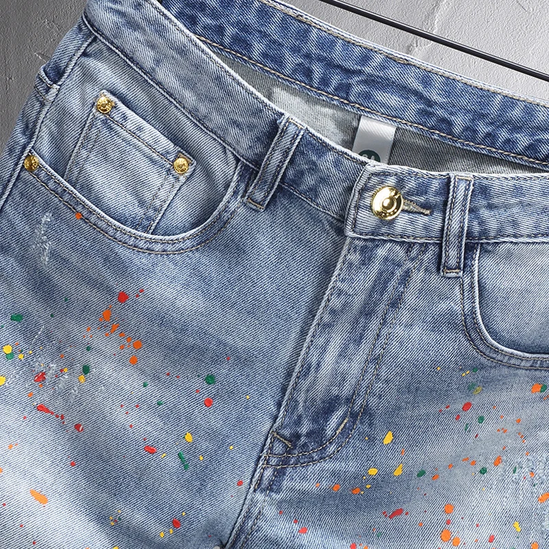 Summer Fashion Men Jeans Retro Blue Stretch Slim Fit Vintage Ripped Short Jeans Homme Painted Designer Hip Hop Denim Shorts Men