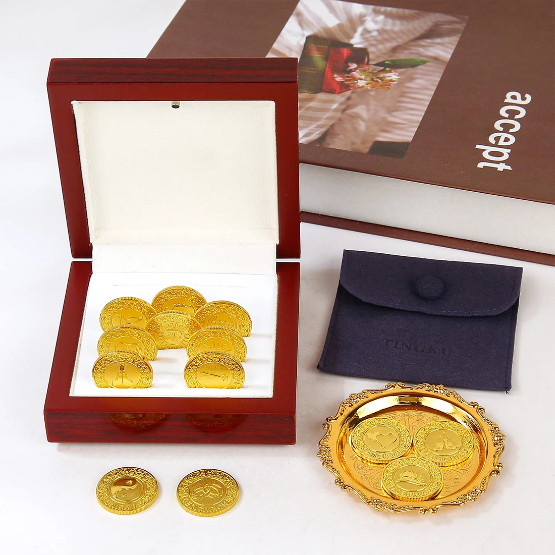 Wedding Unity Coins 13 Words Las Arras para Boda Catolica, Wedding Unity Coins Set with Wooden Box,for Ceremony
