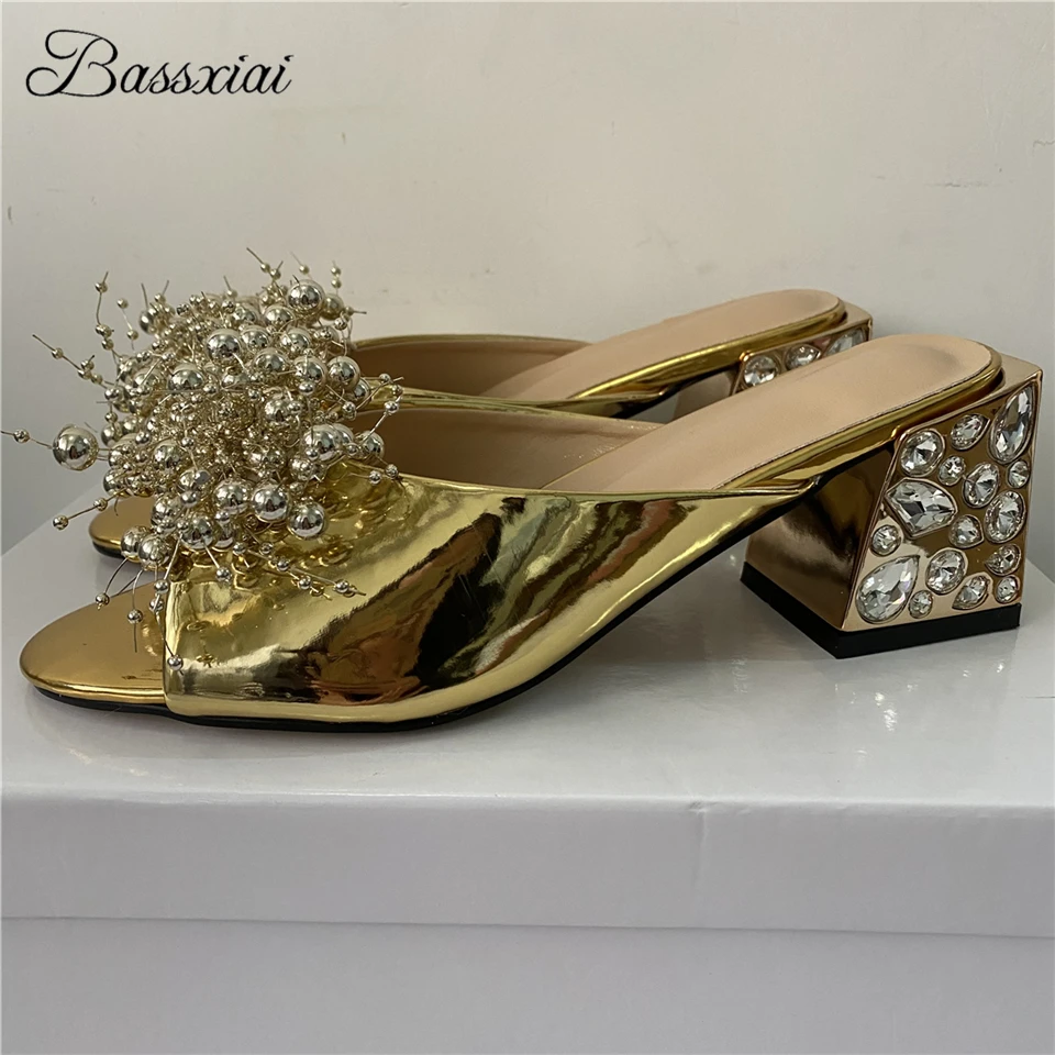 

Beaded Flower Embellished Sandals For Girls Diamond Rhinestone Square Heel Slingbacks Peep Toe Summer Mules