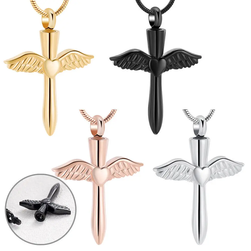 

Heart in Angel Wing Cross Cremation Jewelry Urns Necklace For Human/Pet Ashes Holder Keepsake Memorial