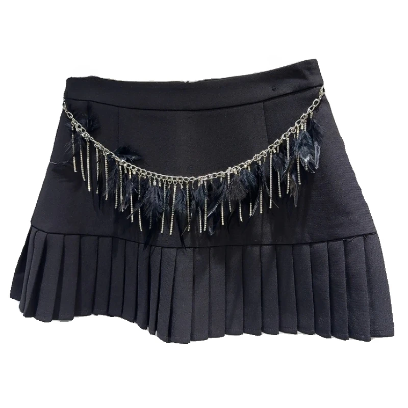 2024 Summer New Classic Style Feather Tassel Diamond Chain Decoration Short Skirt Pleated Skirt for Women