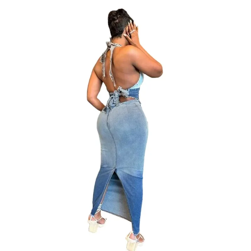 Gradient Blue Denim Women Sexy Two Piece Set 2023 Autumn Halter Lace Up Backless Camis Long Split Skirt Y2k Clothing Streetwear