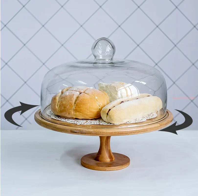 European Style Tall Cake Tray Glass Cover Bread Display Tray Fruit Tasting with Lid Rotating Home Decoration Ornaments