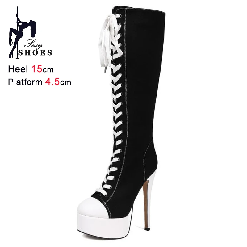 Spring Autumn Fashion Black White Women's Canvas Knee High Boots Thin High Heels 15cm Platform 4.5cm Lace-Up Ladies Long Boots