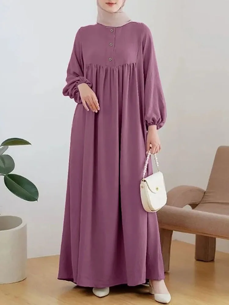 Elegant Women's Vintage Round Neck Long Sleeved Muslim Dresses Spring Fall Fashion Solid Loose Casual Ladies Dubai Turkish Abaya