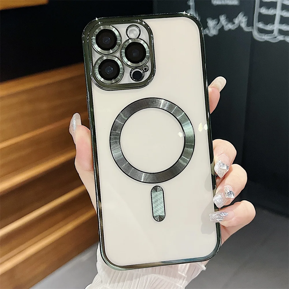 Pour étui transparent Magsafe pour iPhone 11 12 13 14 15 16 Pro Max Plus 12 13 Mini avec film d'objectif en verre, coque souple antichoc_voghion.com