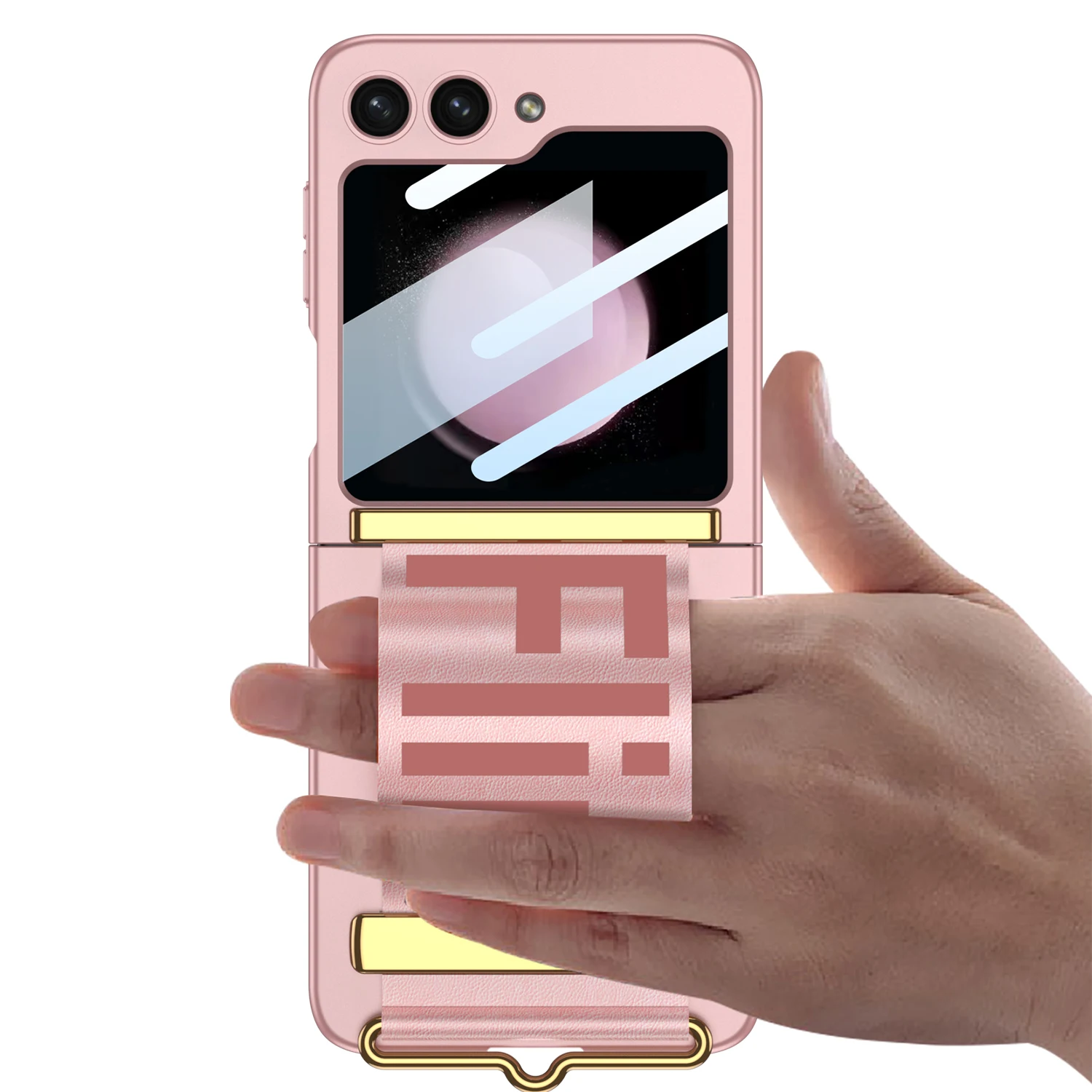 Stylish Letter Wristband Stand Phone Case for Samsung Galaxy Z Flip 5 Ultra-thin Shell Film Integrated All-wrap Protective Cover