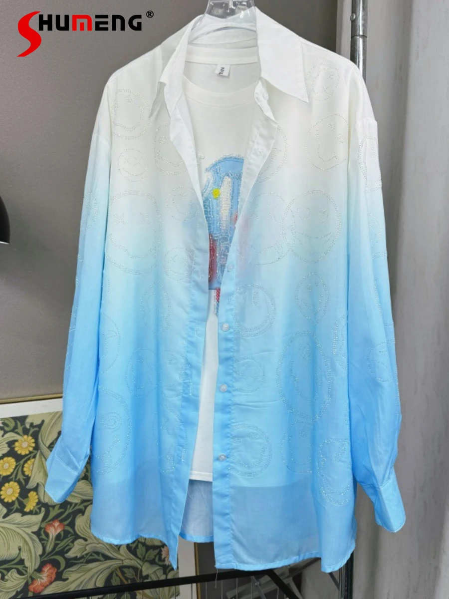 Fashion 2024 Summer Shirts Hot Drilling Tie-Dye Gradient Color Shirt Women's Thin Shirt Long Sleeve Sun Protection Clothes