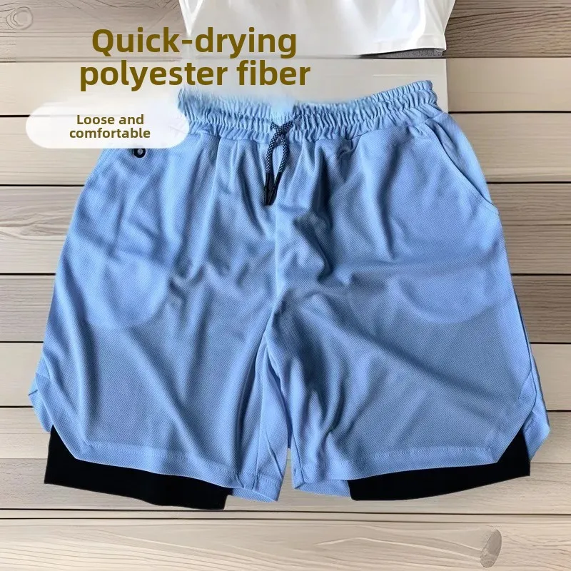 Men's Casual Sports Shorts Summer Mobile Phone Earphone Hole Double Layer Pocket Zipper Leisure Fashion Men's Shorts