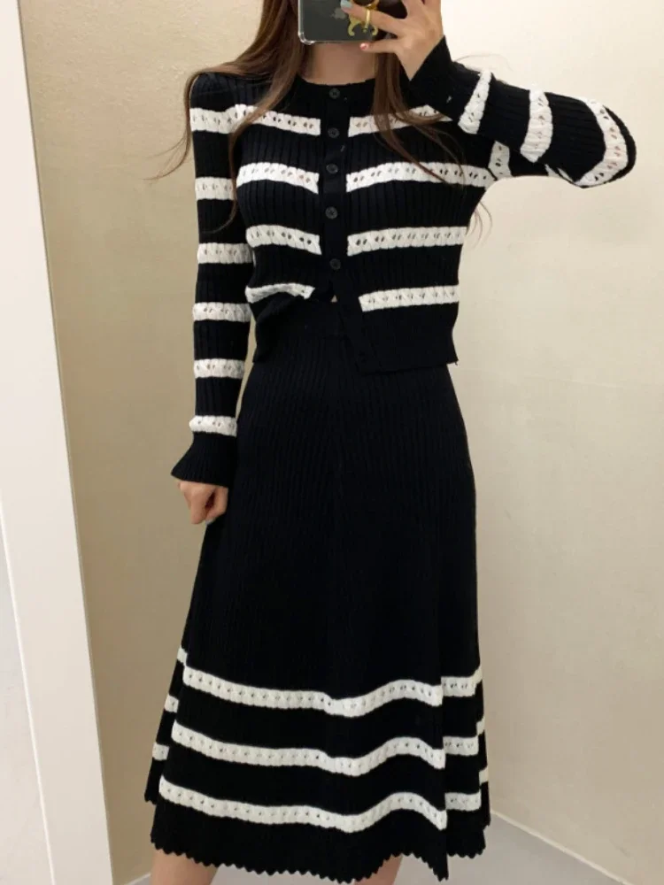 NMZMStriped Knitted Two Piece Women's Sweater Cardigan Top+Long Skirt Set Women's Office Women's Two Piece Set 2022