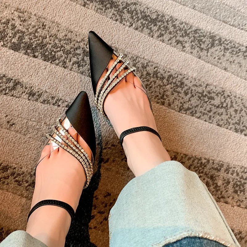 

MKKHOU Fashion Sandals Women New High Quality Sweet Pointed Crystal Shoes Comfortable Medium Heel Summer Open Modern Women Shoes