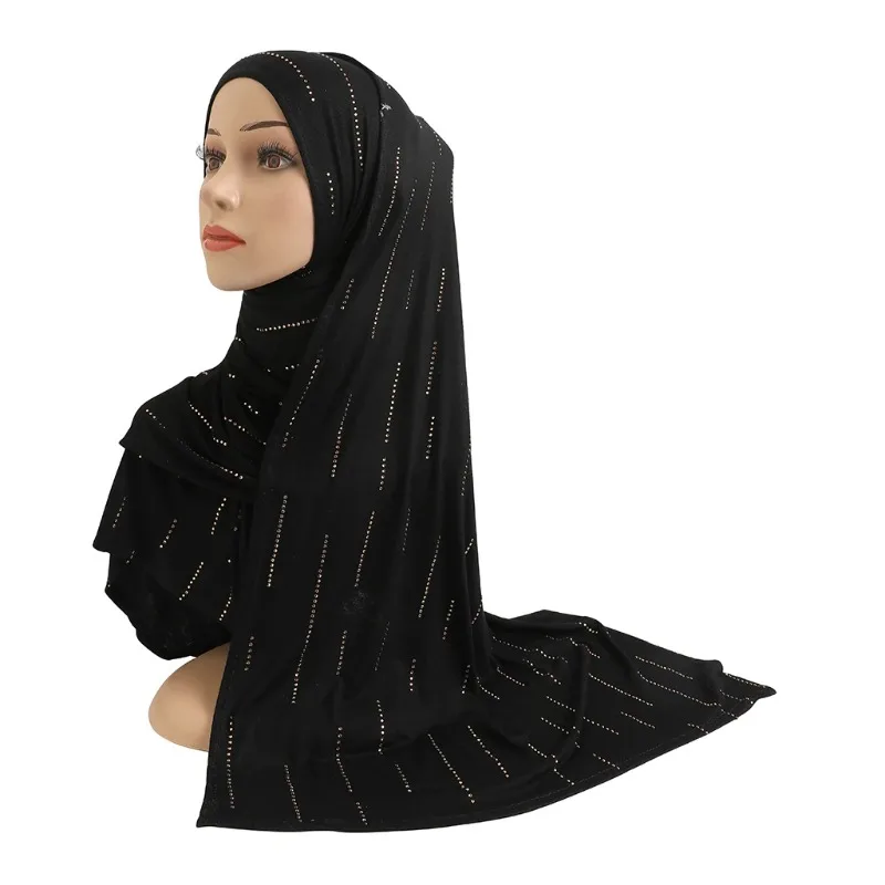 

H205a Fashion Modal Elastic Jersey Cotton Long Scarf with Rihnestones on Whole Islam Hijab Womens Headwrap Rectangular Shawl