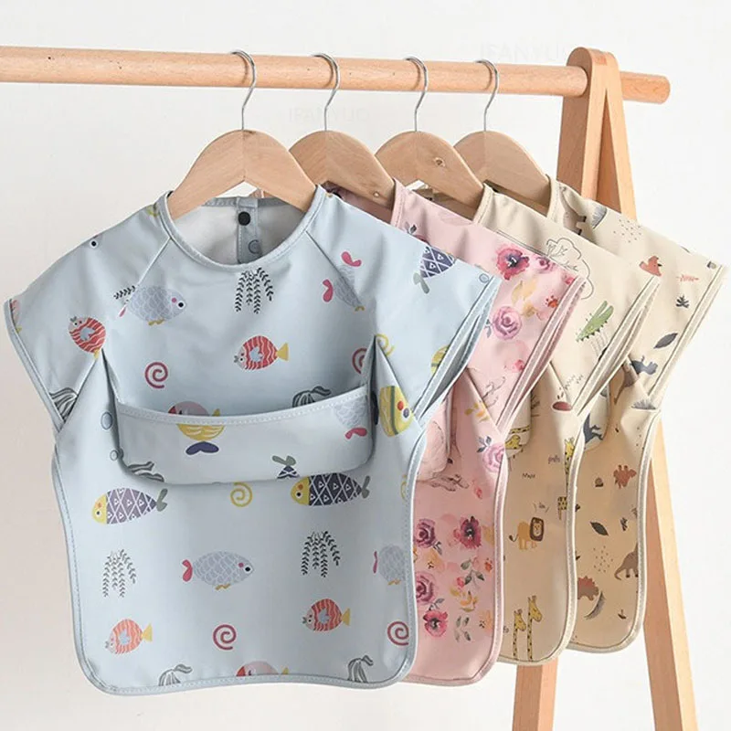 Fashion New Children Anti Dirt Smork Baby Sleeveless Waterproof PU Bib Toddler Reverse Dressing Bib Kids Meals Bag Feeding Apron 2
