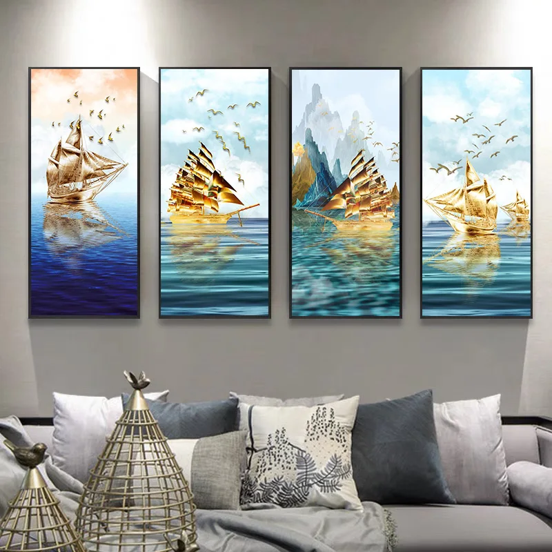 Golden Sailing Voyage And Seagull Canvas Painting Creative Abstract Wall Art Camera Da Letto Soggiorno Decorazione Della Parete Murale (Senza Cornice)