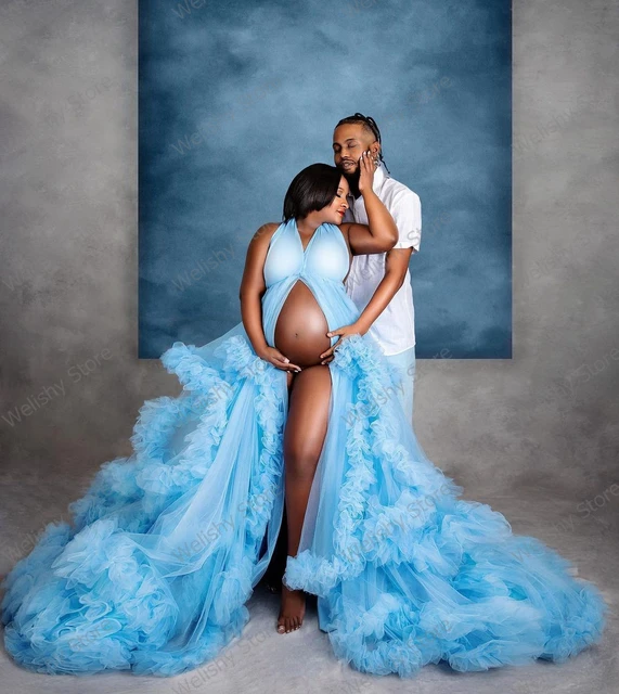 Chic Sexy Sky Blue Bridal Ruffled Tulle Robe Dresses Women Maternity Dress  Gown Lush Mesh Long Pregnant Robes Photo Shoot Custom - Dresses - AliExpress