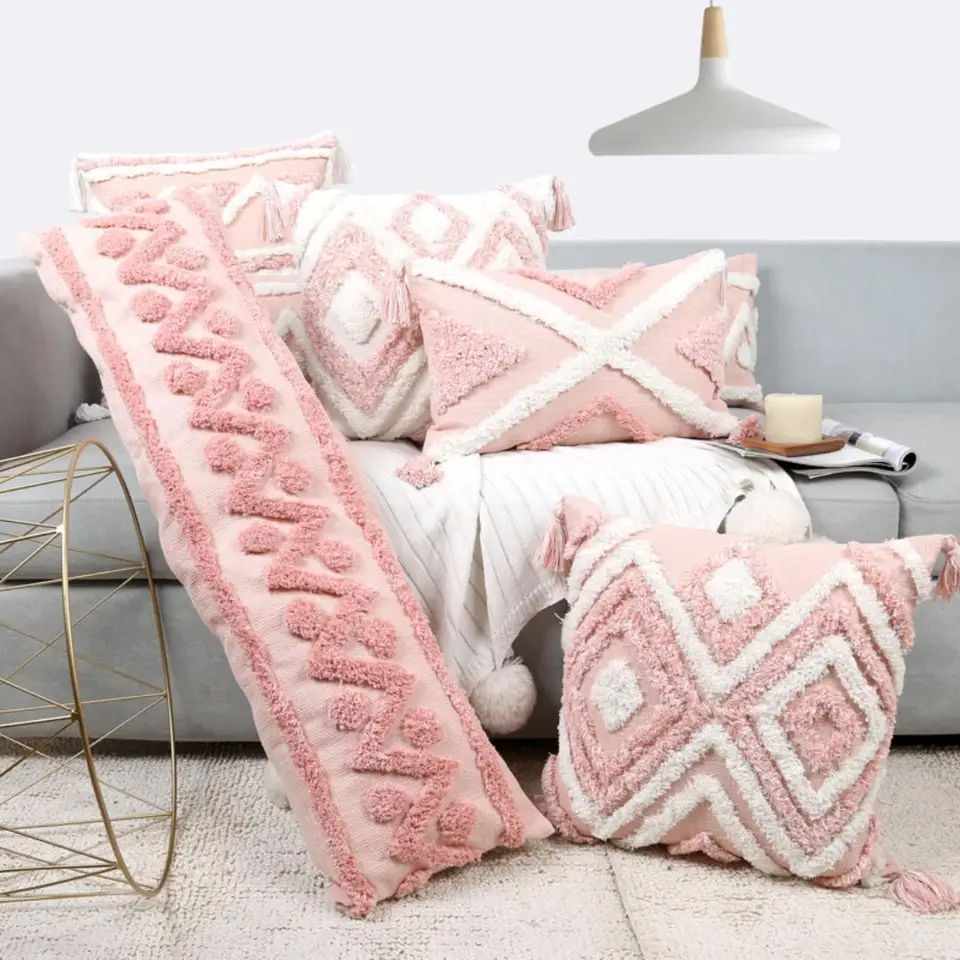 New Boho Pink Geometric Tufted Pillow Covers Decorative 30x100cm