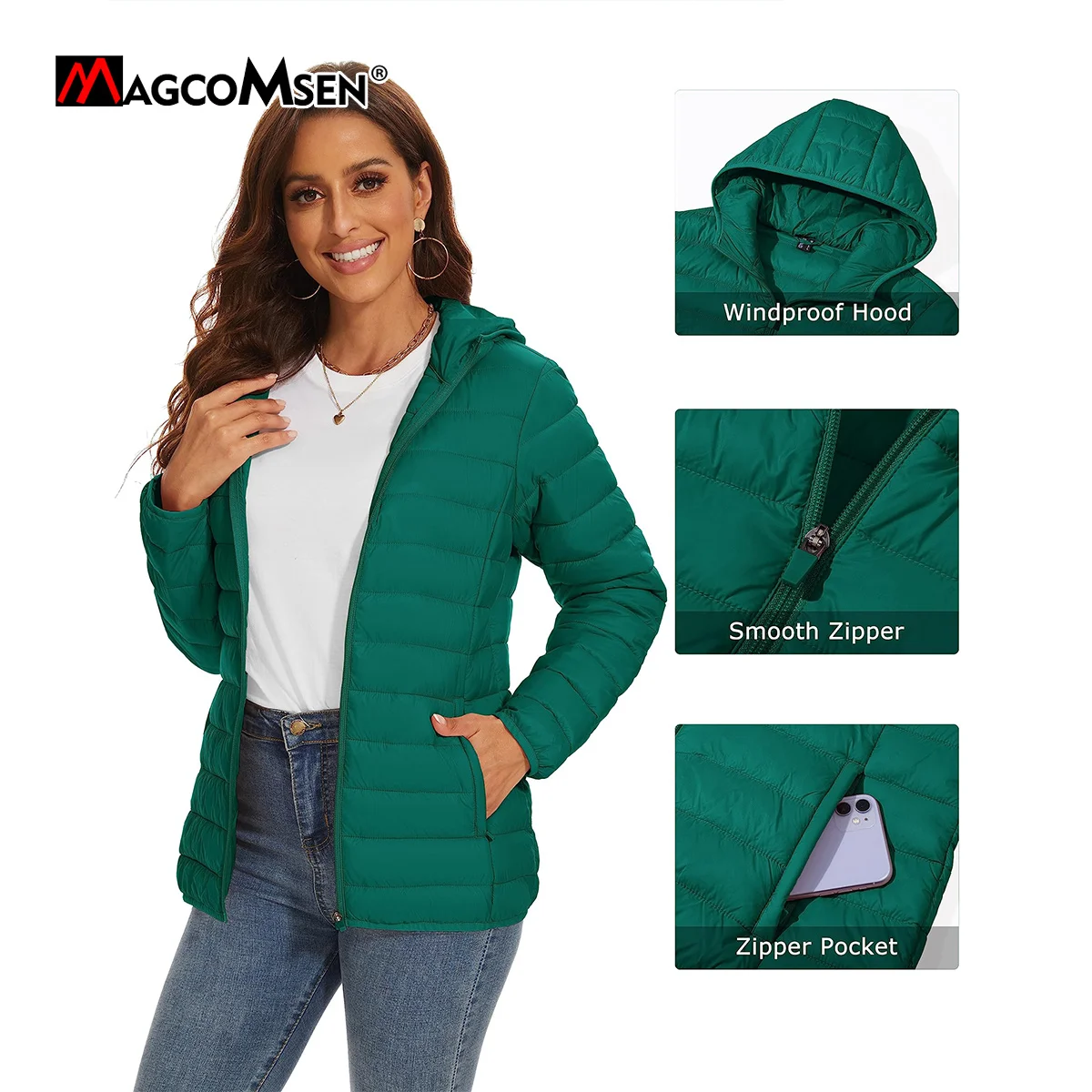 MAGCOMSEN Women‘s Lightweight Hooded Puffer Jacket Full Zip Windbreaker Waterproof Quilted Down Coat Winter Warm Outerwear 3