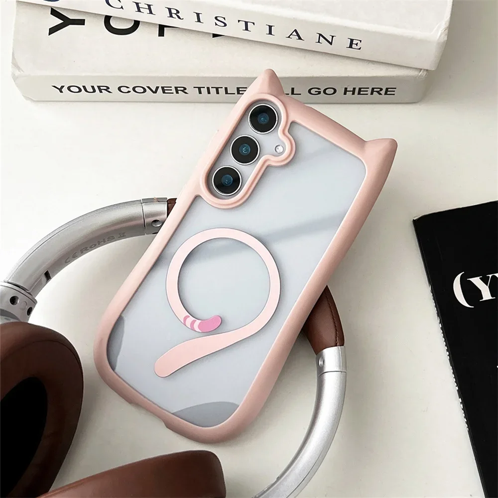 Chic Magnetic Cat Ear Transparent Phone Case with Wireless Charging Compatibility
