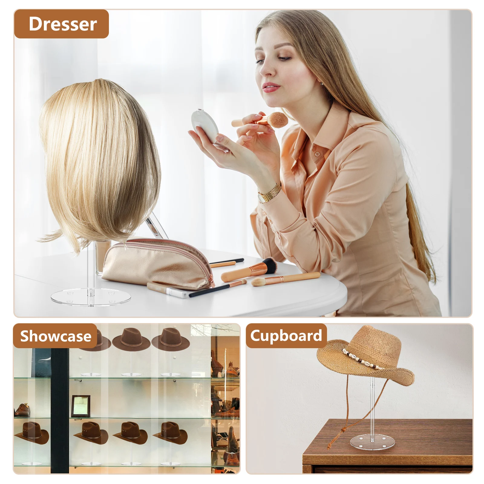 40cm Hat Display Stand Acrylic Clear Domed Baseball Cap Holder with Round Base Wig Display Rack Tabletop Organizer Storage Rack