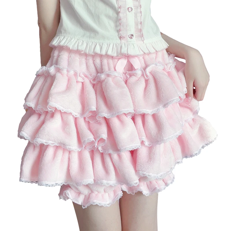 Harajuku Y2k Sweet Pink White Velvet Pumpkin Pants Lolita Bloomers JK Plush Shorts Japanese Kawaii Ruffles Lantern Shorts