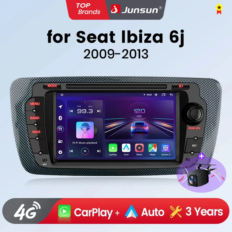 Radio para Auto Junsun con CarPlay Inalámbrico y Android Auto para Seat Ibiza 6j 2009-2013, Estéreo Multimedia 2 DIN con Ventilador Integrado, Navegación GPS, SWC, Bluetooth, FM, RDS, DSP, Pantalla IPS, Sistemas Inteligentes para Auto, 4G, WiFi, 8 Núcleos, Unidad Principal Plug & Play 1