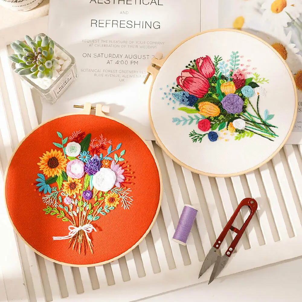 Floral Embroidery DIY Beginner's Kit - Stamped Cross Stitch & Punch Needle Craft Set with Instructions